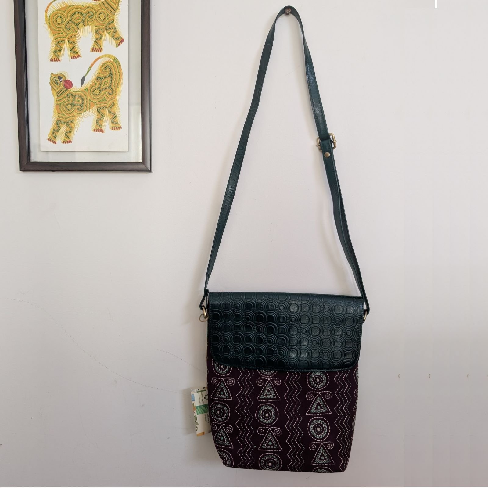 Brown - Handcrafted Kantha Stitch Sling Bag with Embossed Leather Flap with shoulder belt