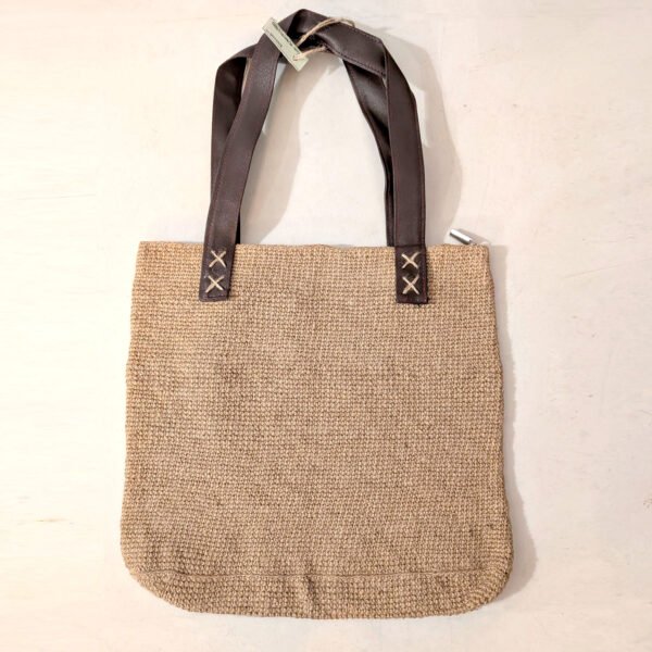 Crochet Natural Jute Tote Bag with leather handle