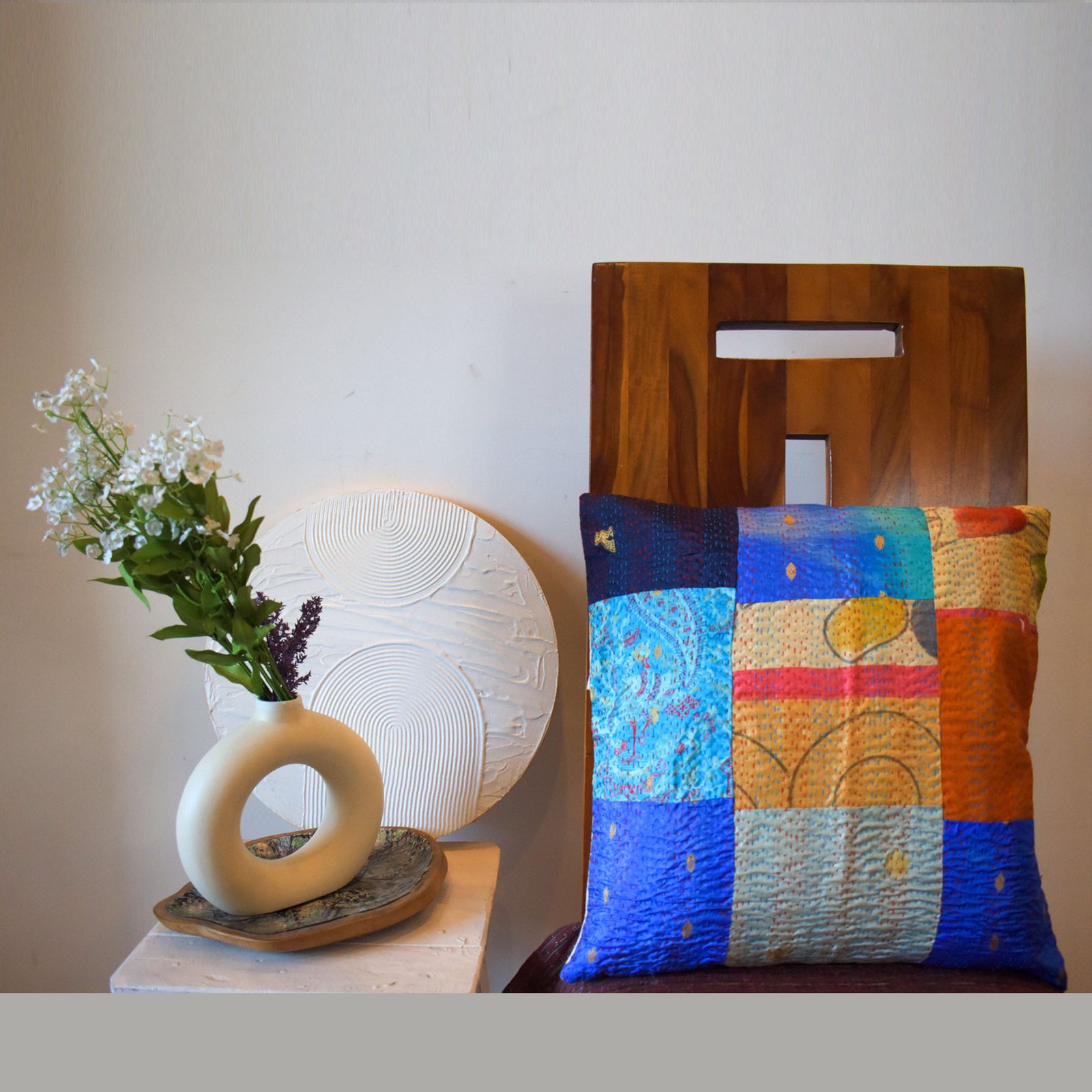 Cotton Canvas Small Cushion Covers Kantha Stitch - White