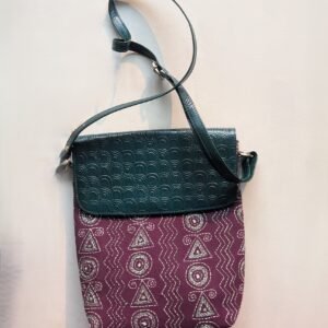 Brown - Handcrafted Kantha Stitch Sling Bag with Embossed Leather Flap with shoulder belt