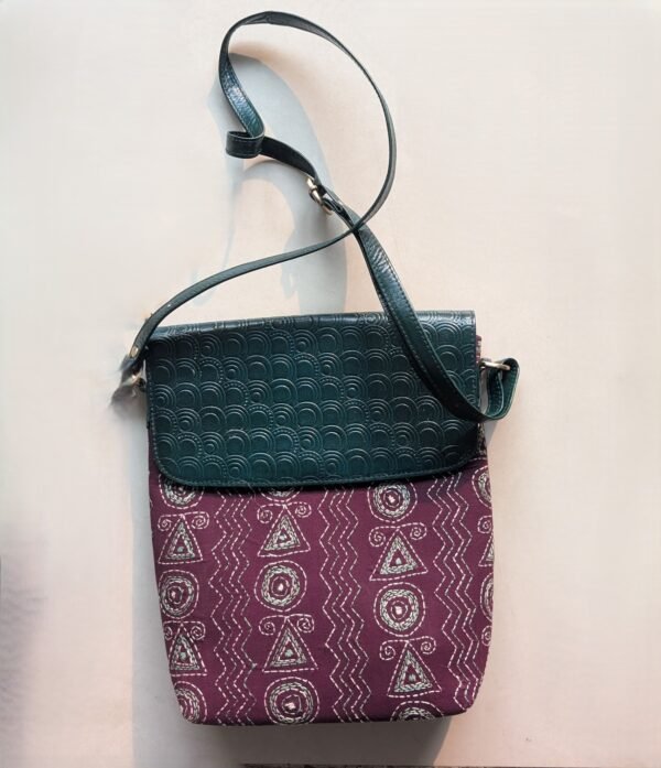 Brown - Handcrafted Kantha Stitch Sling Bag with Embossed Leather Flap with shoulder belt