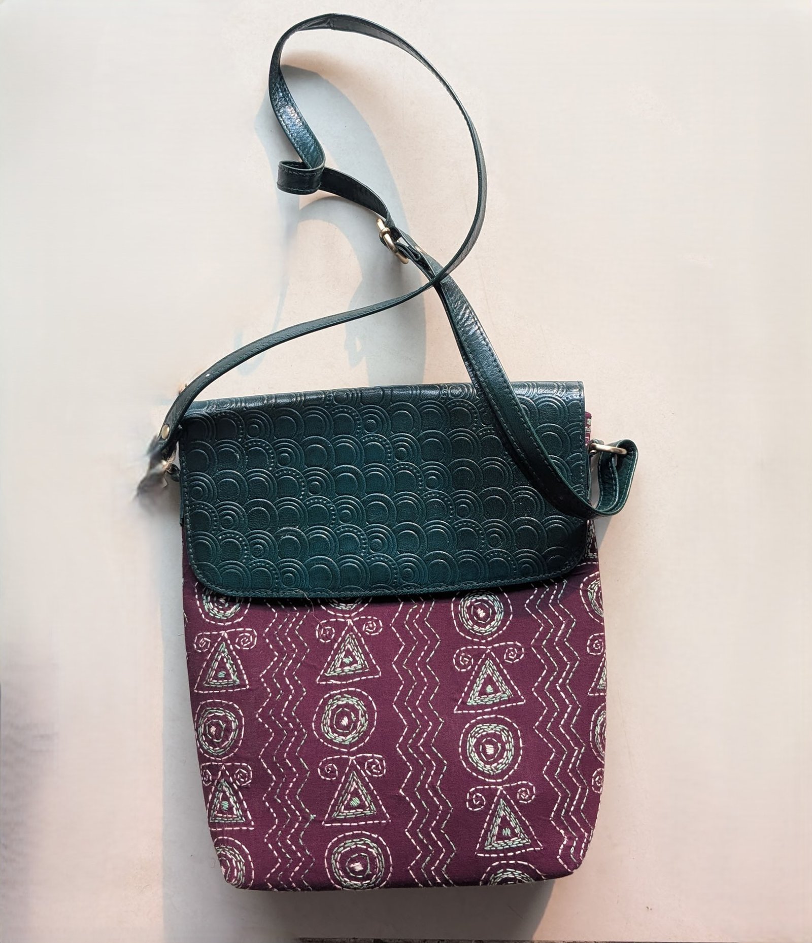 Brown - Handcrafted Kantha Stitch Sling Bag with Embossed Leather Flap with shoulder belt