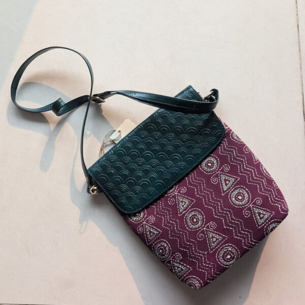Brown - Handcrafted Kantha Stitch Sling Bag with Embossed Leather Flap with shoulder belt - Image 2