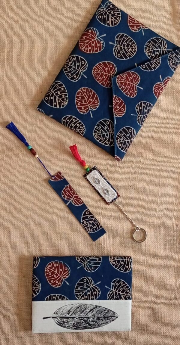 Stationary Lover Gift Box. Handmade journal with matching book mark and key ring with A5 document or kindle holder. Indigo