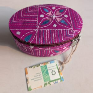 Purple - Bengal Kantha Work Handcrafted Oval Jewelry Box with Mirror