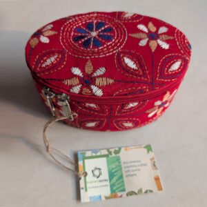 Red - Bengal Kantha Work Handcrafted Oval Jewelry Box with Mirror