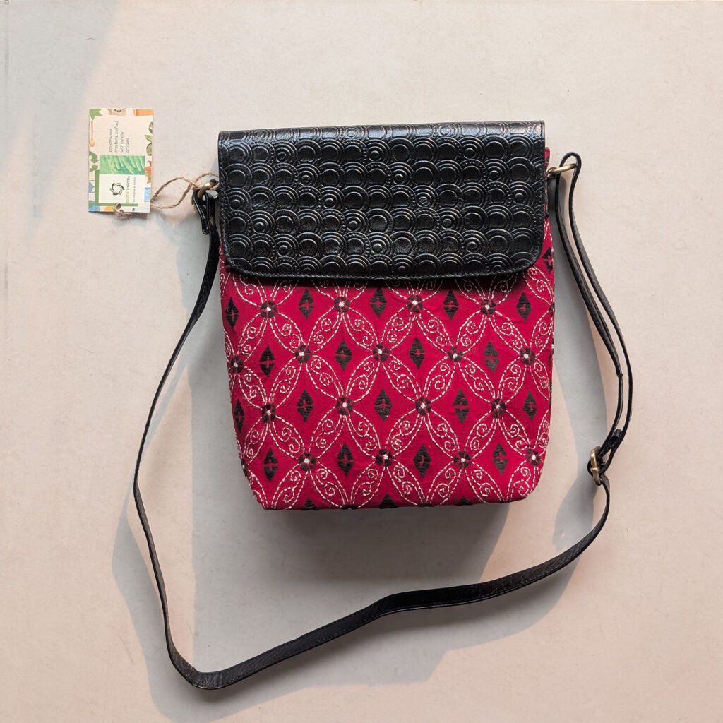 Red - Handcrafted Kantha Stitch Sling Bag with Embossed Leather Flap with shoulder belt