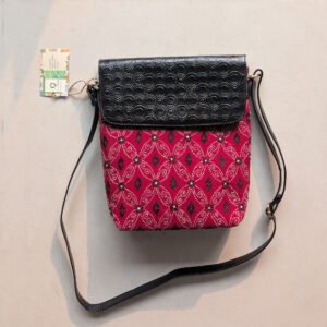 Red - Handcrafted Kantha Stitch Sling Bag with Embossed Leather Flap with shoulder belt