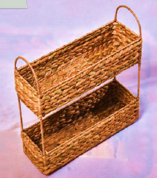 Water Hyacinth Storage Rack with 2 Tier Shelving and Baskets | Woven Basket Shelves for Home Organization