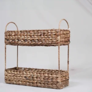 Water Hyacinth Storage Rack with 2 Tier Shelving and Baskets | Woven Basket Shelves for Home Organization