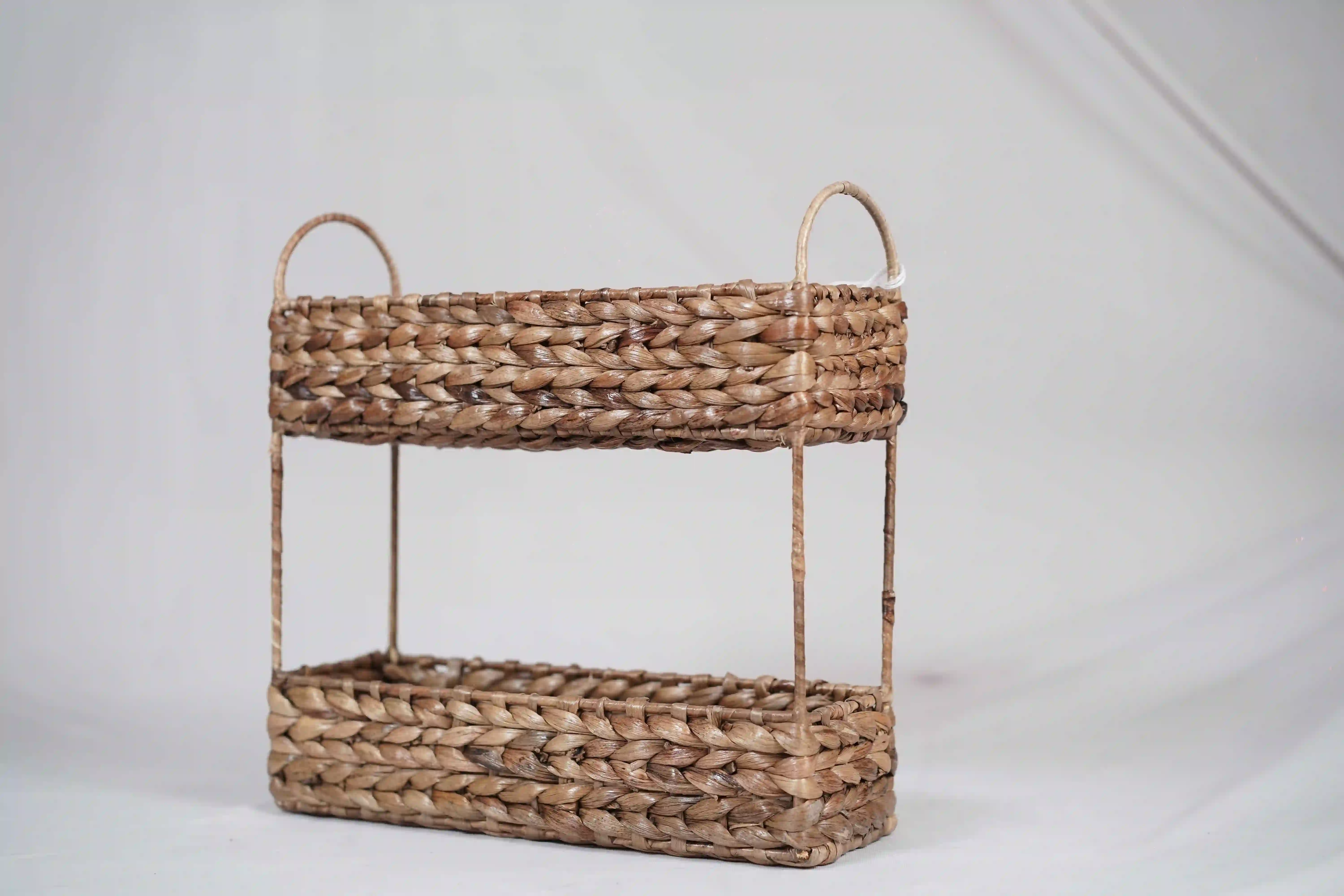 Water Hyacinth Storage Rack with 2 Tier Shelving and Baskets | Woven Basket Shelves for Home Organization