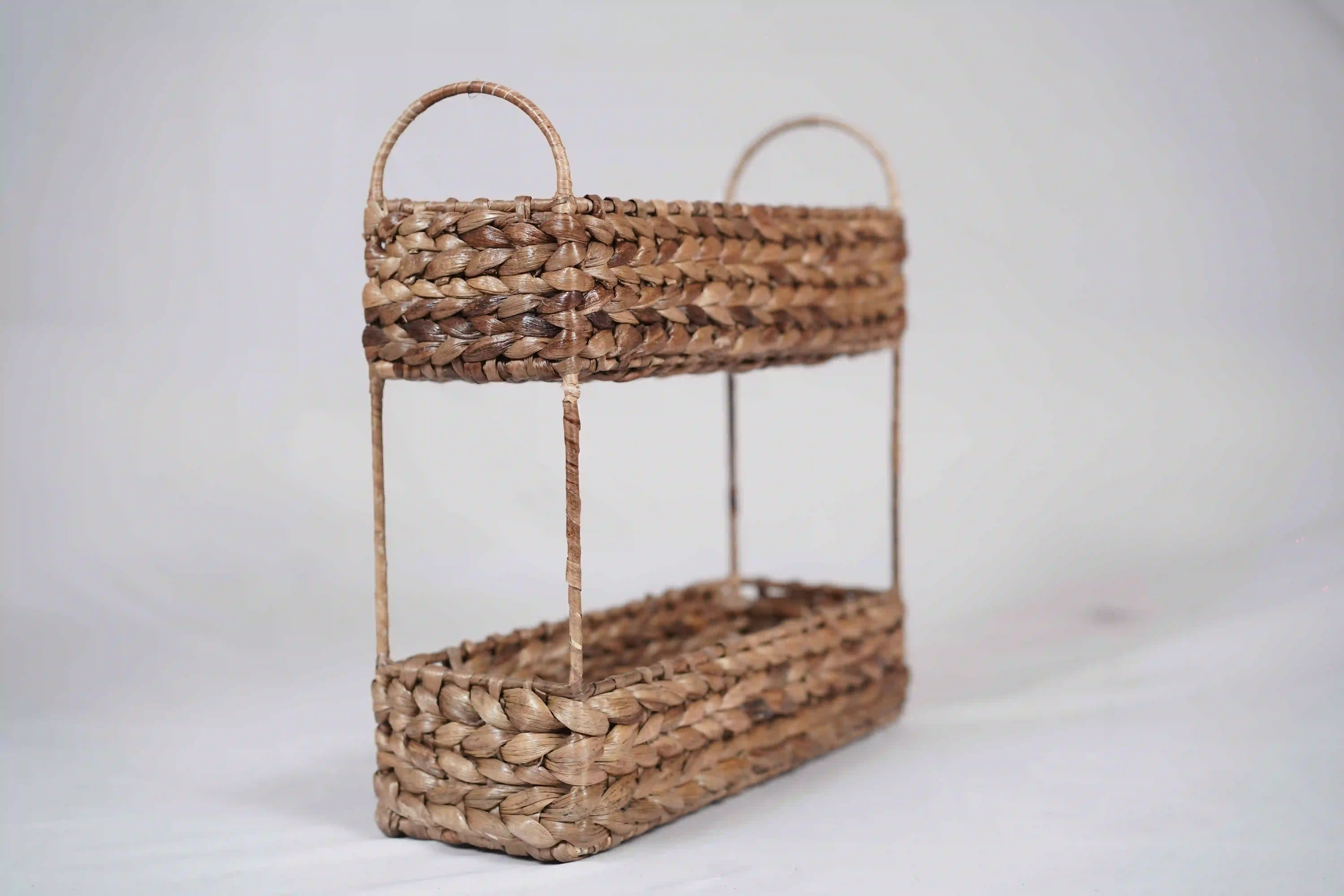 Water Hyacinth Storage Rack with 2 Tier Shelving and Baskets | Woven Basket Shelves for Home Organization - Image 3