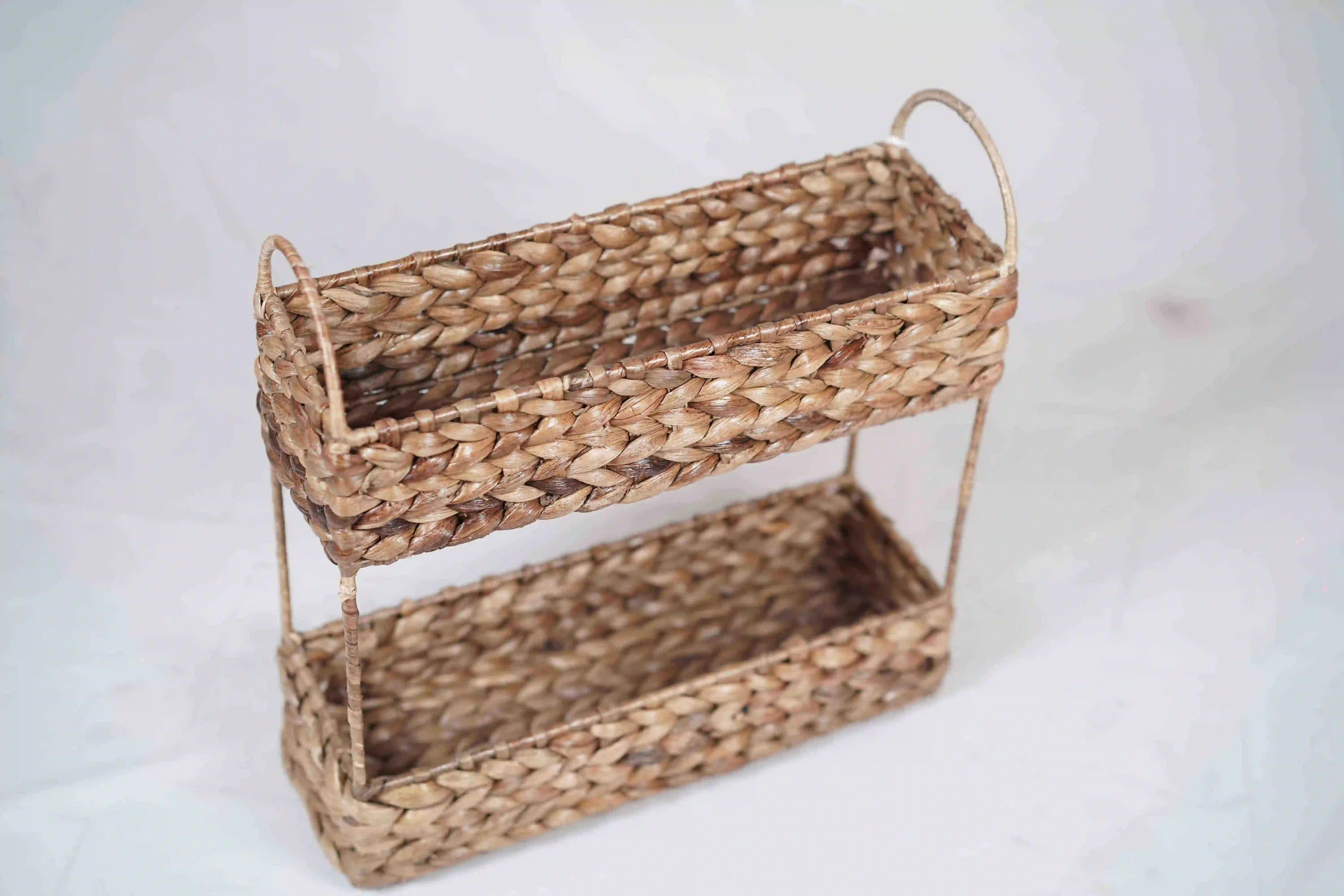 Water Hyacinth Storage Rack with 2 Tier Shelving and Baskets | Woven Basket Shelves for Home Organization - Image 2